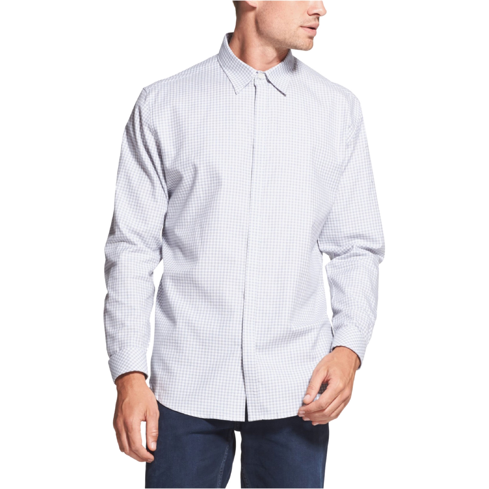 Mens Woven Check Button Up Shirt, White, Medium